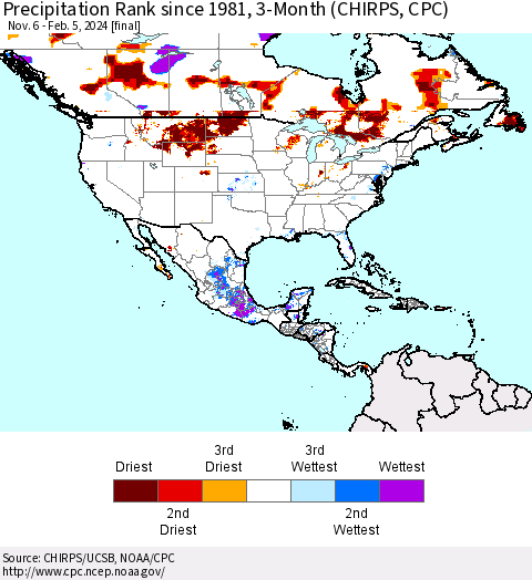North America Precipitation Rank since 1981, 3-Month (CHIRPS) Thematic Map For 11/6/2023 - 2/5/2024