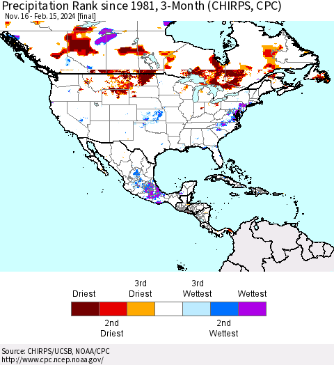 North America Precipitation Rank since 1981, 3-Month (CHIRPS) Thematic Map For 11/16/2023 - 2/15/2024