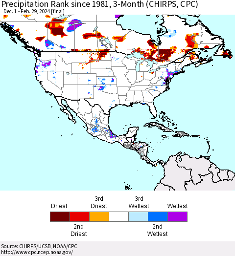 North America Precipitation Rank since 1981, 3-Month (CHIRPS) Thematic Map For 12/1/2023 - 2/29/2024