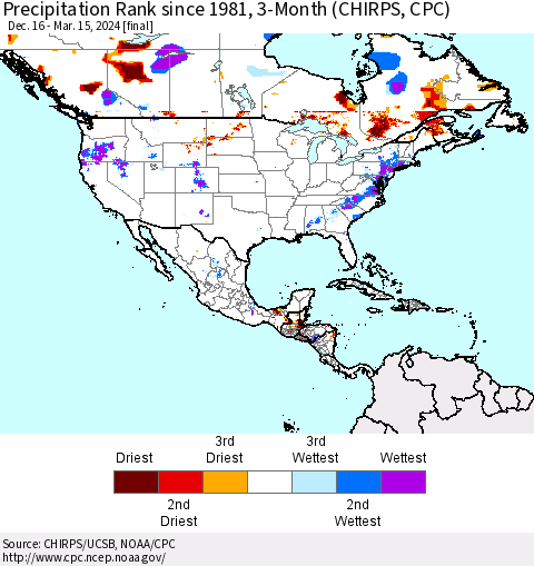 North America Precipitation Rank since 1981, 3-Month (CHIRPS) Thematic Map For 12/16/2023 - 3/15/2024