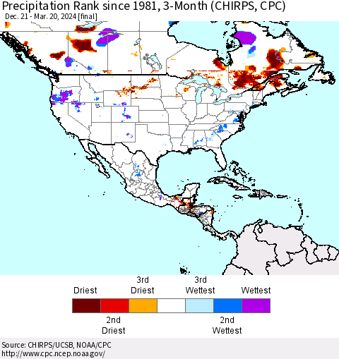 North America Precipitation Rank since 1981, 3-Month (CHIRPS) Thematic Map For 12/21/2023 - 3/20/2024