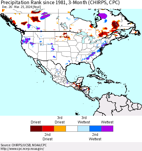 North America Precipitation Rank since 1981, 3-Month (CHIRPS) Thematic Map For 12/26/2023 - 3/25/2024