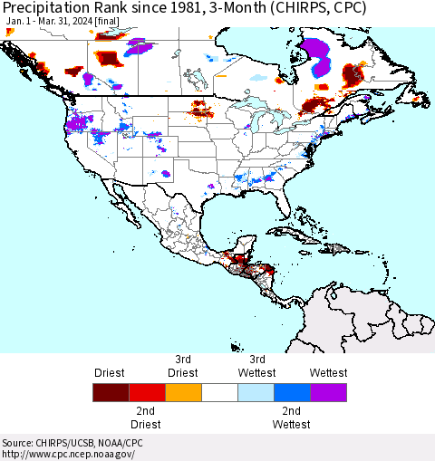 North America Precipitation Rank since 1981, 3-Month (CHIRPS) Thematic Map For 1/1/2024 - 3/31/2024