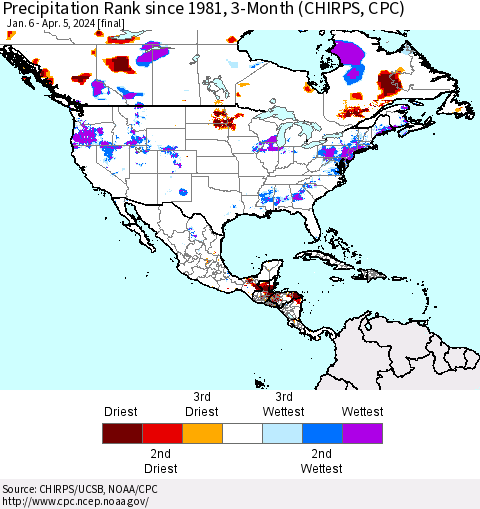 North America Precipitation Rank since 1981, 3-Month (CHIRPS) Thematic Map For 1/6/2024 - 4/5/2024