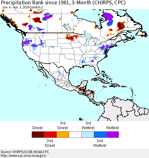 North America Precipitation Rank since 1981, 3-Month (CHIRPS) Thematic Map For 1/6/2024 - 4/5/2024