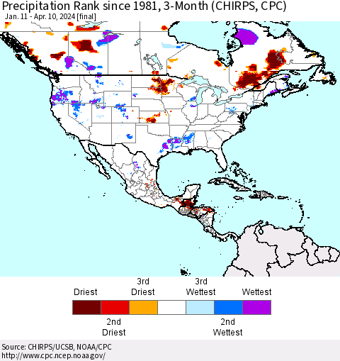 North America Precipitation Rank since 1981, 3-Month (CHIRPS) Thematic Map For 1/11/2024 - 4/10/2024