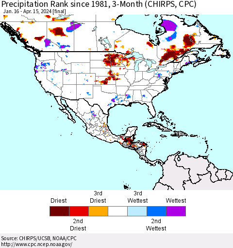 North America Precipitation Rank since 1981, 3-Month (CHIRPS) Thematic Map For 1/16/2024 - 4/15/2024