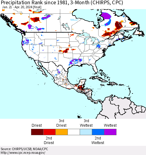 North America Precipitation Rank since 1981, 3-Month (CHIRPS) Thematic Map For 1/21/2024 - 4/20/2024