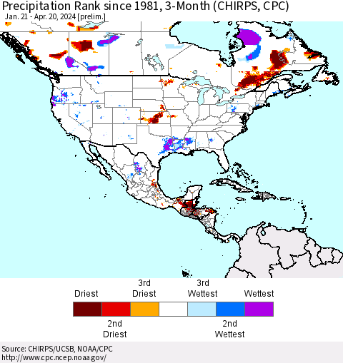 North America Precipitation Rank since 1981, 3-Month (CHIRPS) Thematic Map For 1/21/2024 - 4/20/2024