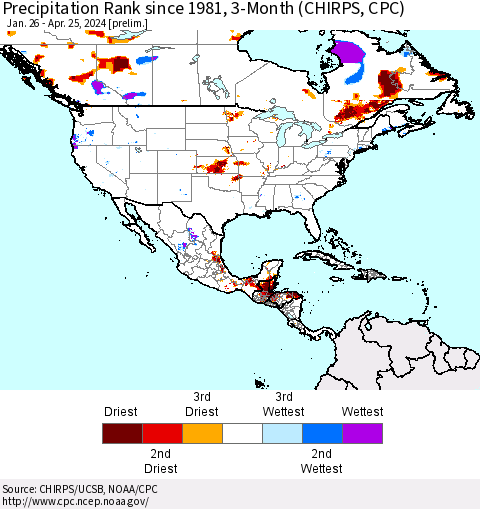 North America Precipitation Rank since 1981, 3-Month (CHIRPS) Thematic Map For 1/26/2024 - 4/25/2024