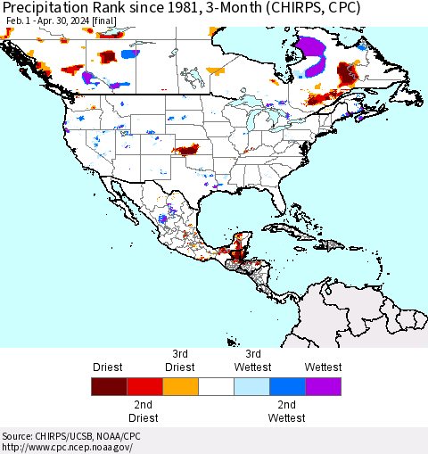 North America Precipitation Rank since 1981, 3-Month (CHIRPS) Thematic Map For 2/1/2024 - 4/30/2024