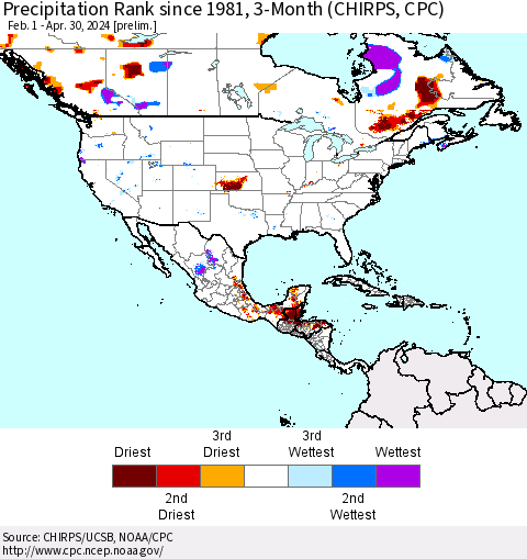 North America Precipitation Rank since 1981, 3-Month (CHIRPS) Thematic Map For 2/1/2024 - 4/30/2024