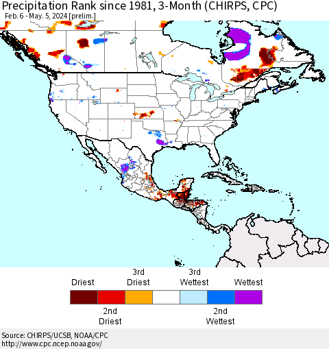 North America Precipitation Rank since 1981, 3-Month (CHIRPS) Thematic Map For 2/6/2024 - 5/5/2024