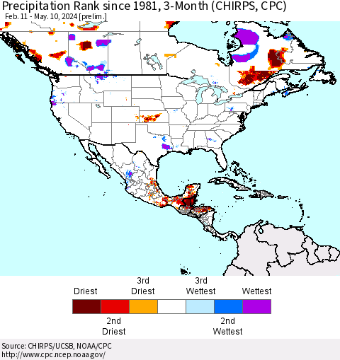 North America Precipitation Rank since 1981, 3-Month (CHIRPS) Thematic Map For 2/11/2024 - 5/10/2024