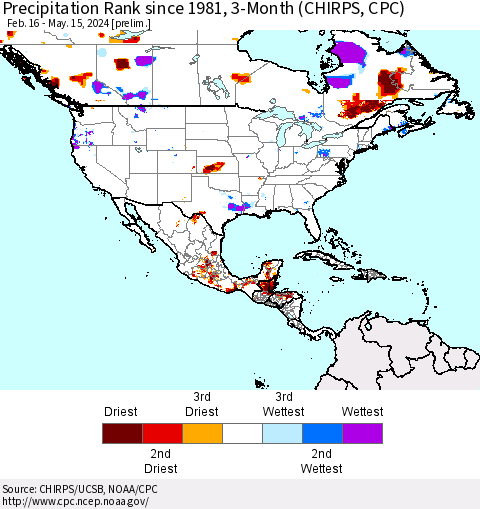 North America Precipitation Rank since 1981, 3-Month (CHIRPS) Thematic Map For 2/16/2024 - 5/15/2024