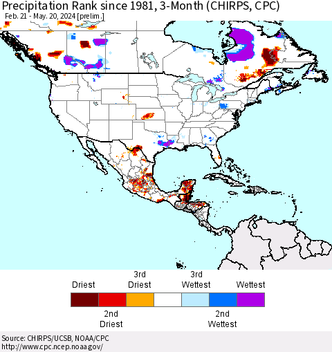 North America Precipitation Rank since 1981, 3-Month (CHIRPS) Thematic Map For 2/21/2024 - 5/20/2024