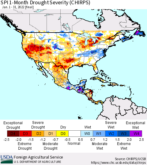 North America SPI 1-Month Drought Severity (CHIRPS) Thematic Map For 1/1/2022 - 1/31/2022