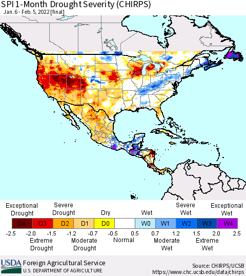 North America SPI 1-Month Drought Severity (CHIRPS) Thematic Map For 1/6/2022 - 2/5/2022