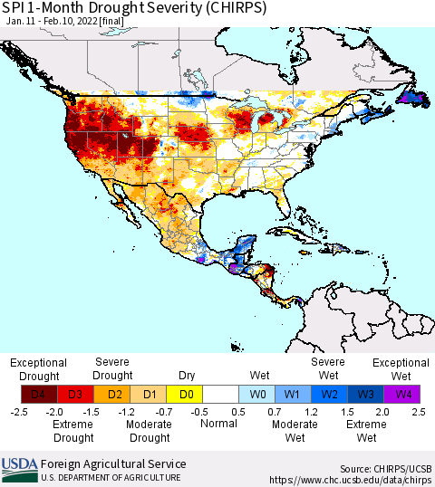North America SPI 1-Month Drought Severity (CHIRPS) Thematic Map For 1/11/2022 - 2/10/2022