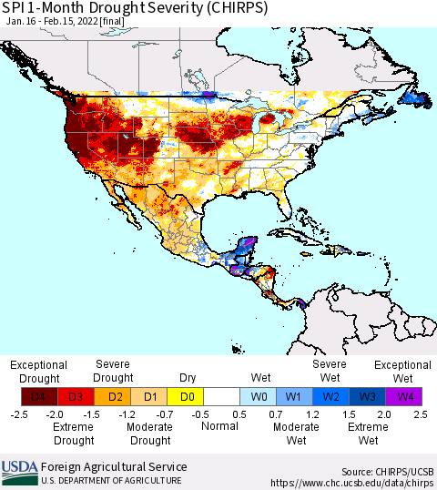 North America SPI 1-Month Drought Severity (CHIRPS) Thematic Map For 1/16/2022 - 2/15/2022