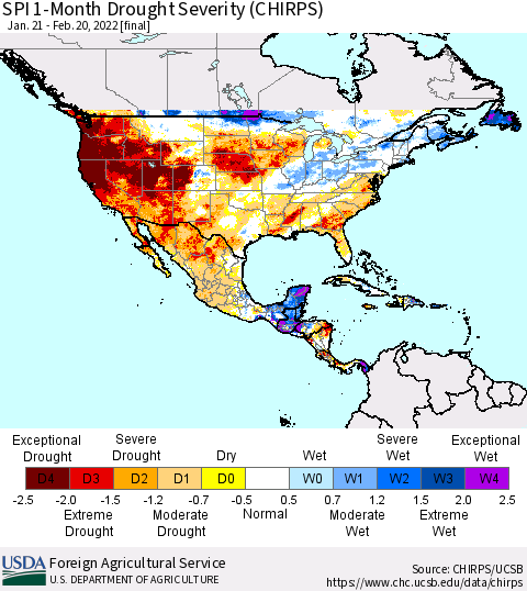 North America SPI 1-Month Drought Severity (CHIRPS) Thematic Map For 1/21/2022 - 2/20/2022