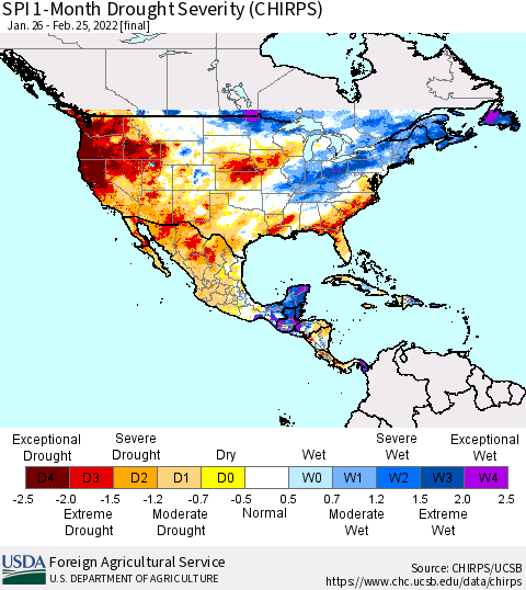 North America SPI 1-Month Drought Severity (CHIRPS) Thematic Map For 1/26/2022 - 2/25/2022