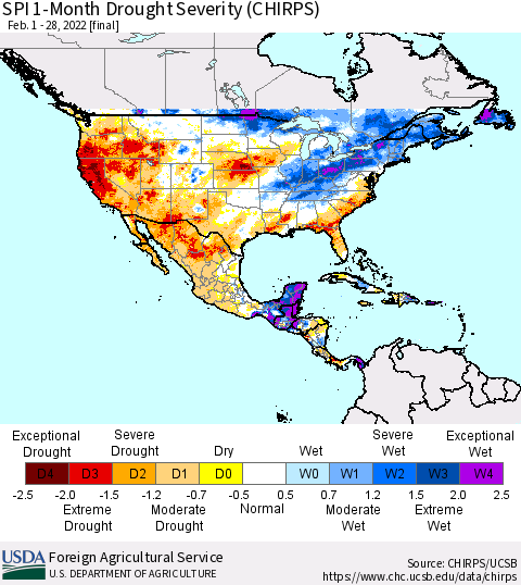North America SPI 1-Month Drought Severity (CHIRPS) Thematic Map For 2/1/2022 - 2/28/2022