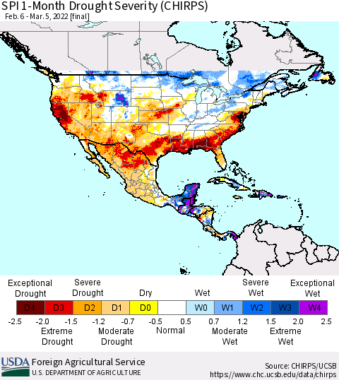 North America SPI 1-Month Drought Severity (CHIRPS) Thematic Map For 2/6/2022 - 3/5/2022