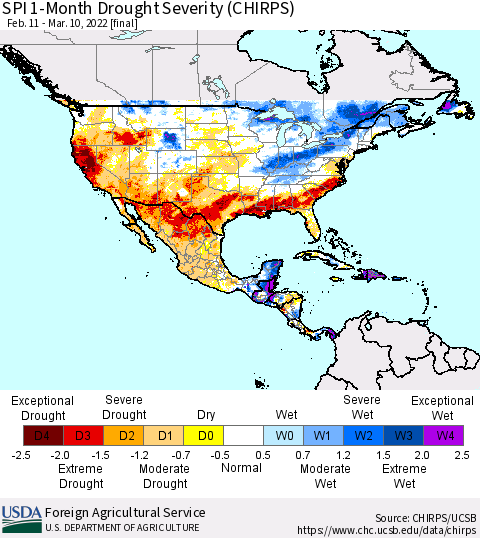 North America SPI 1-Month Drought Severity (CHIRPS) Thematic Map For 2/11/2022 - 3/10/2022
