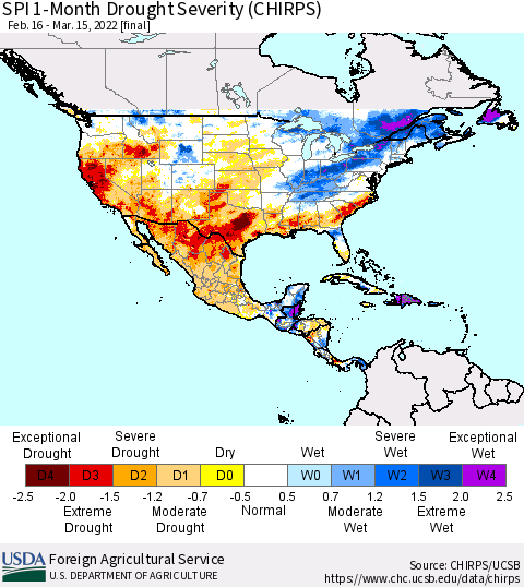 North America SPI 1-Month Drought Severity (CHIRPS) Thematic Map For 2/16/2022 - 3/15/2022