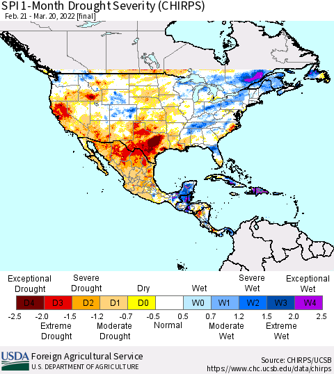 North America SPI 1-Month Drought Severity (CHIRPS) Thematic Map For 2/21/2022 - 3/20/2022