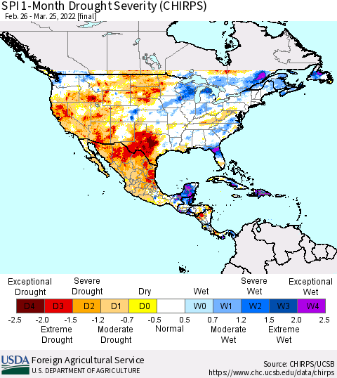 North America SPI 1-Month Drought Severity (CHIRPS) Thematic Map For 2/26/2022 - 3/25/2022