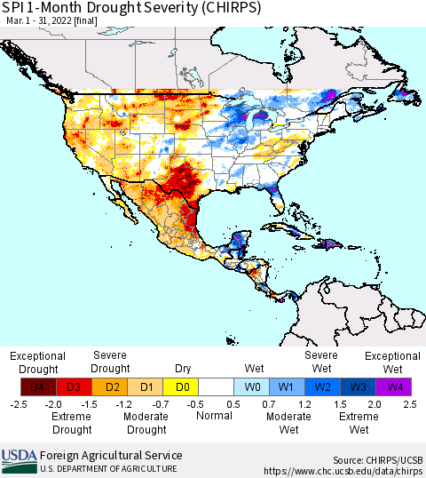 North America SPI 1-Month Drought Severity (CHIRPS) Thematic Map For 3/1/2022 - 3/31/2022