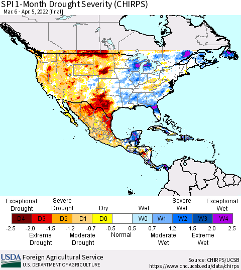 North America SPI 1-Month Drought Severity (CHIRPS) Thematic Map For 3/6/2022 - 4/5/2022