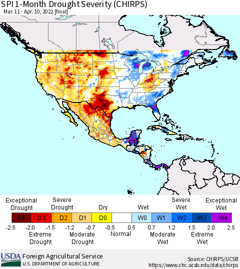 North America SPI 1-Month Drought Severity (CHIRPS) Thematic Map For 3/11/2022 - 4/10/2022