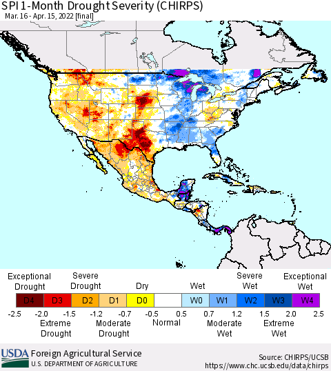 North America SPI 1-Month Drought Severity (CHIRPS) Thematic Map For 3/16/2022 - 4/15/2022