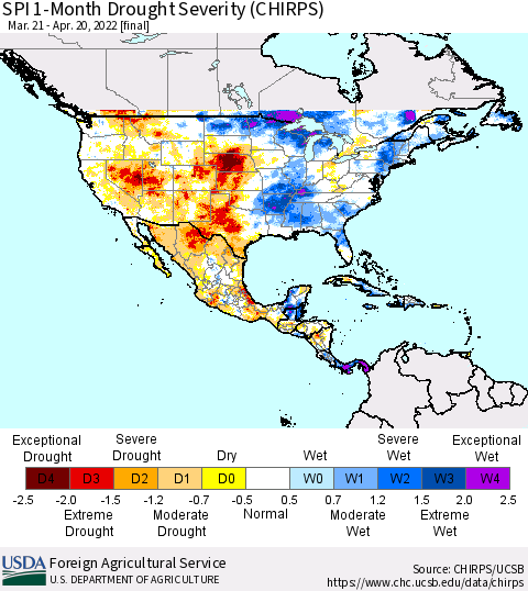 North America SPI 1-Month Drought Severity (CHIRPS) Thematic Map For 3/21/2022 - 4/20/2022