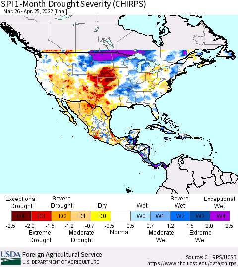 North America SPI 1-Month Drought Severity (CHIRPS) Thematic Map For 3/26/2022 - 4/25/2022
