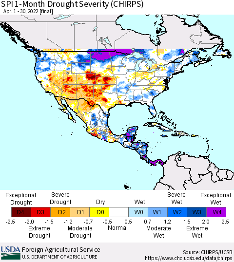North America SPI 1-Month Drought Severity (CHIRPS) Thematic Map For 4/1/2022 - 4/30/2022