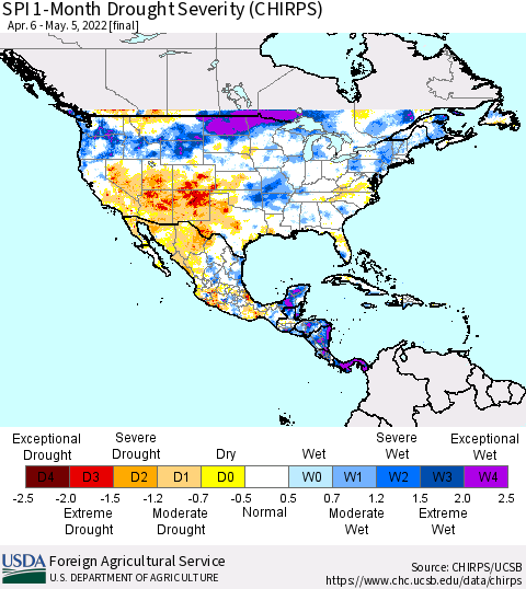 North America SPI 1-Month Drought Severity (CHIRPS) Thematic Map For 4/6/2022 - 5/5/2022