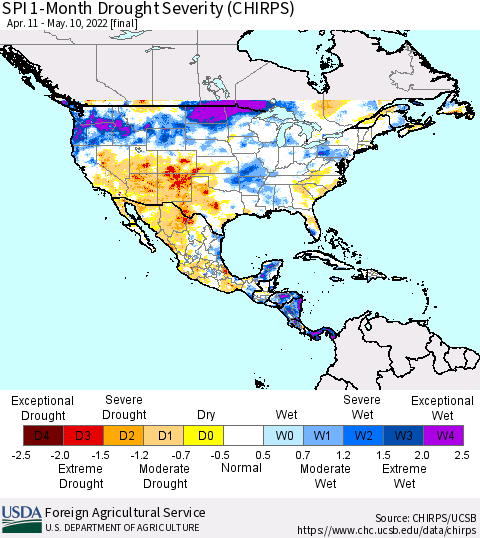 North America SPI 1-Month Drought Severity (CHIRPS) Thematic Map For 4/11/2022 - 5/10/2022
