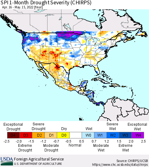 North America SPI 1-Month Drought Severity (CHIRPS) Thematic Map For 4/16/2022 - 5/15/2022