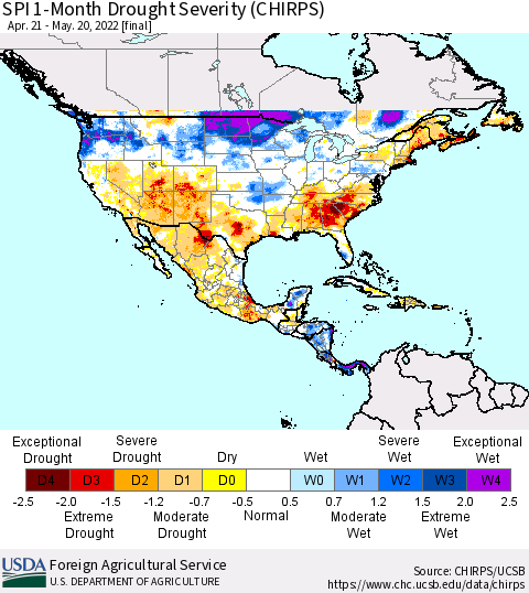 North America SPI 1-Month Drought Severity (CHIRPS) Thematic Map For 4/21/2022 - 5/20/2022