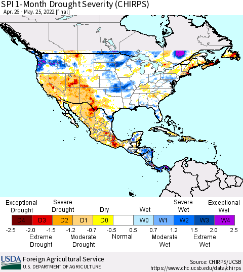 North America SPI 1-Month Drought Severity (CHIRPS) Thematic Map For 4/26/2022 - 5/25/2022