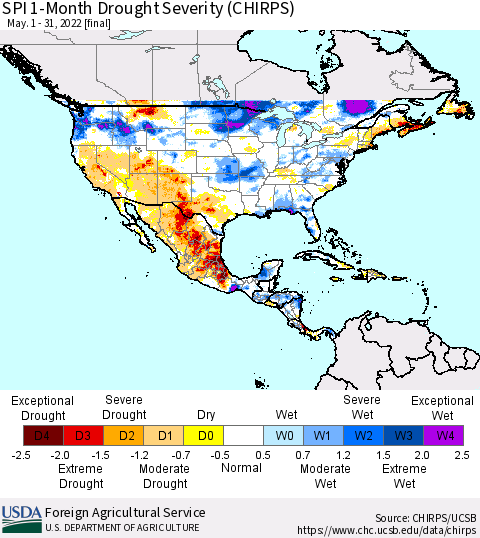 North America SPI 1-Month Drought Severity (CHIRPS) Thematic Map For 5/1/2022 - 5/31/2022