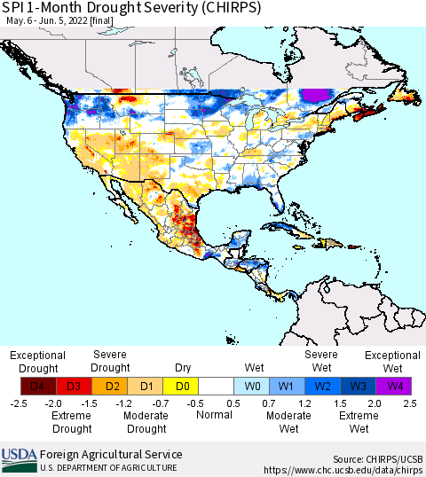 North America SPI 1-Month Drought Severity (CHIRPS) Thematic Map For 5/6/2022 - 6/5/2022