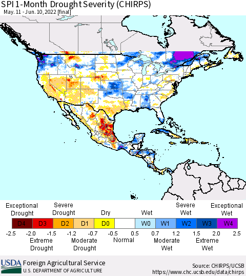 North America SPI 1-Month Drought Severity (CHIRPS) Thematic Map For 5/11/2022 - 6/10/2022