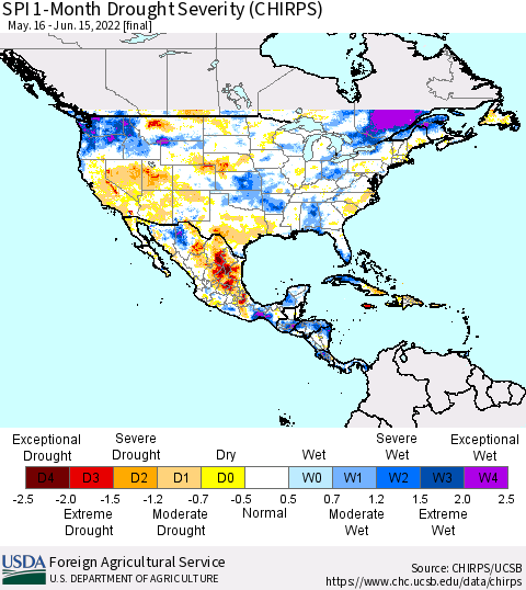 North America SPI 1-Month Drought Severity (CHIRPS) Thematic Map For 5/16/2022 - 6/15/2022