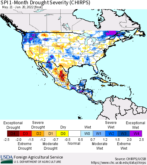 North America SPI 1-Month Drought Severity (CHIRPS) Thematic Map For 5/21/2022 - 6/20/2022