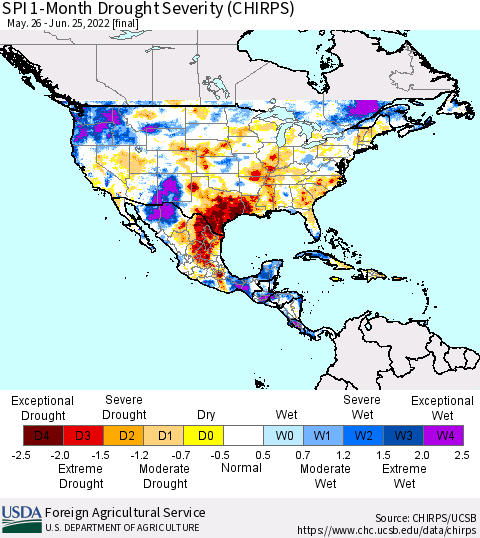 North America SPI 1-Month Drought Severity (CHIRPS) Thematic Map For 5/26/2022 - 6/25/2022